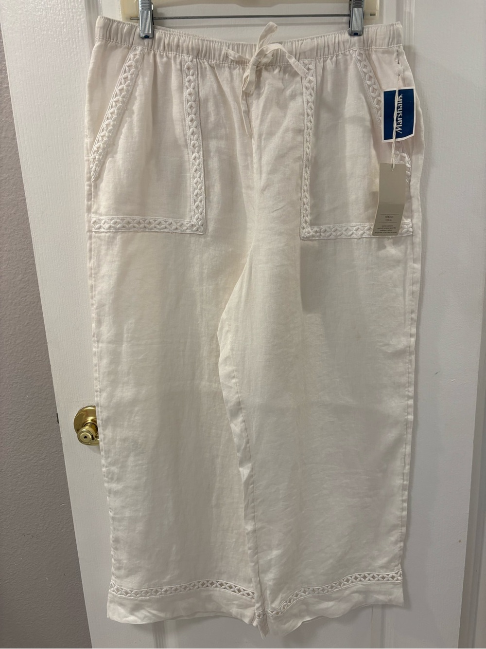 NEW Joie White 100% Linen Elastic-Waist Pants Cutout Detail Drawsting